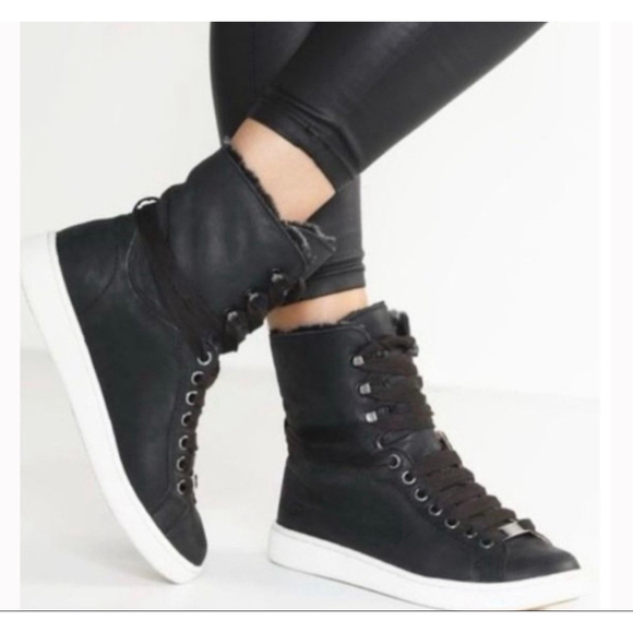 Women's UGG Black Leather Gray Shearling High Top Sneakers Size 7 - Picture 2 of 14